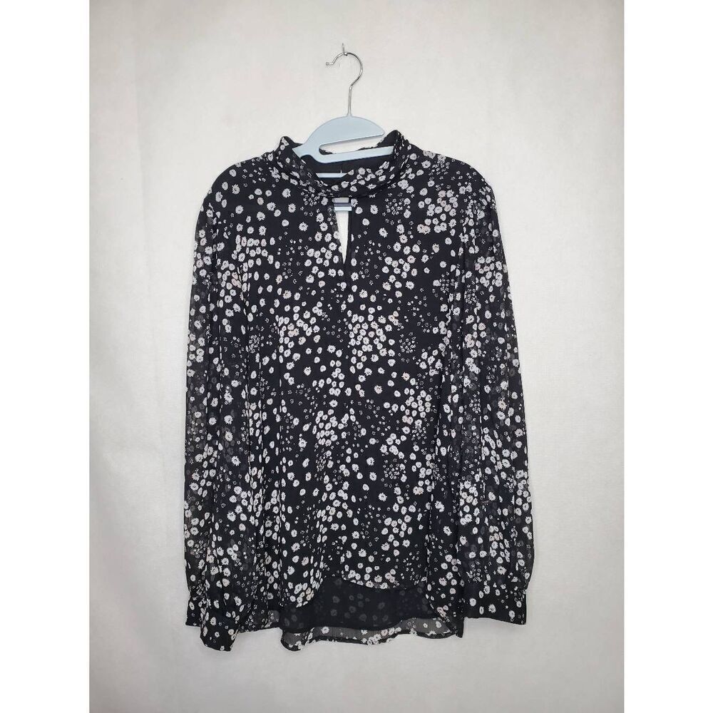 Karl Lagerfeld Paris Floral High Neck Key Hole Balloon Sleeve Semi Sheer Blouse